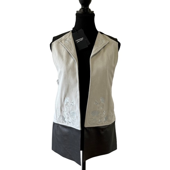 Lamarque Jackets & Blazers - Lamarque Goat Suede / Leather Vest Light Grey with Flower Design Loose Fit